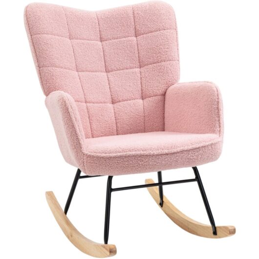 Homcom - Wingback Rocking Chair for Nursing w/ Steel Frame and Wooden Base Pink