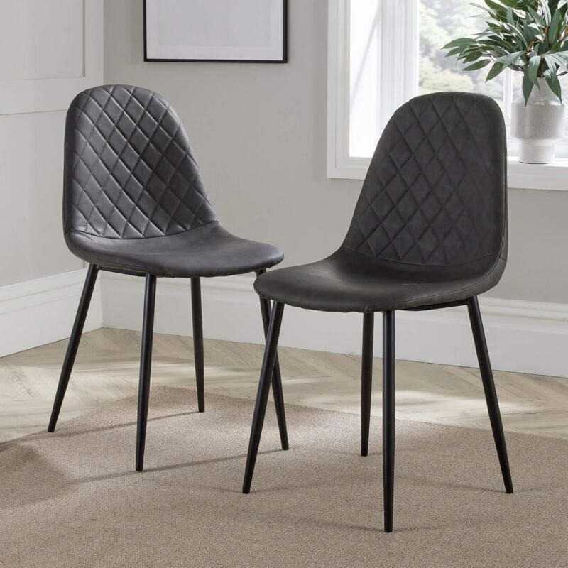 Home Source - Grey Kitchen Dining Chairs Pair Set of 2 Black Metal Legs Diamond Fabric Design