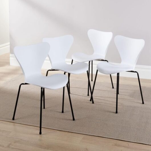 Home Source - Set 4 Dining Chairs Curved White Iron Tube Legs pp Seat Retro Diner Furniture