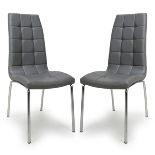 Justin Grey Faux Leather Dining Chairs With Chrome Legs In Pair