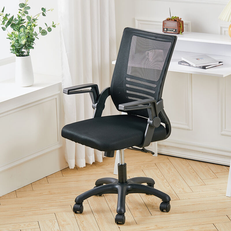 Livingandhome - Mesh Office Chair Ergonomic Design with Black Flip up Armrests, Black
