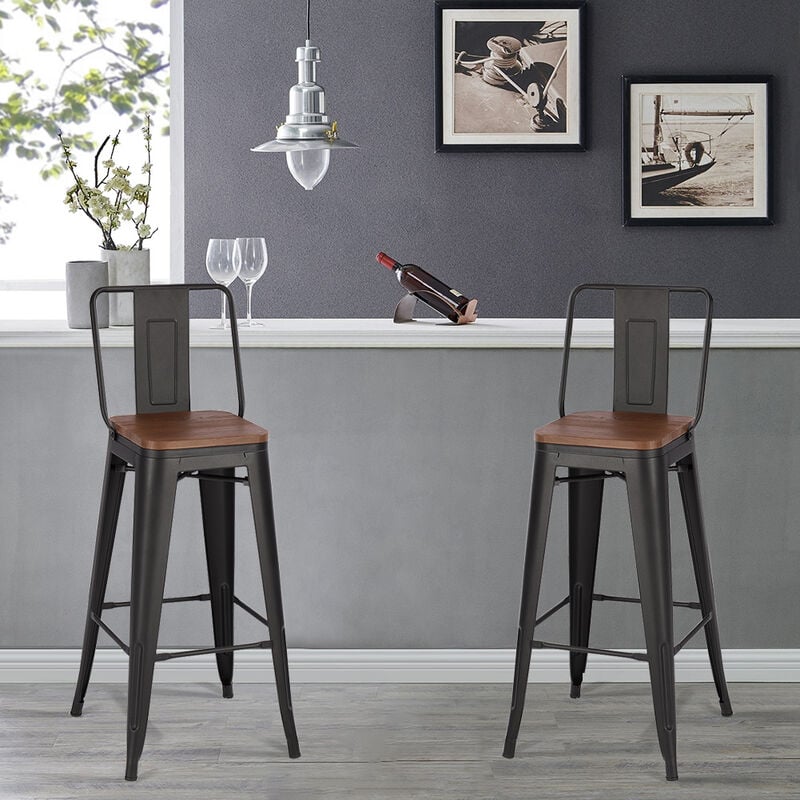 Livingandhome - Set of 4 Metal Frame Tolix Industrial Bar Wood Top Chair with Footrest