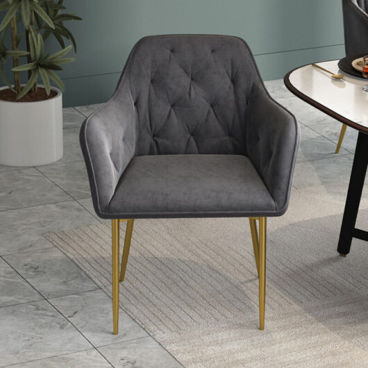 Livingandhome - Velvet Soft Padded Dining Chair Gold Metal Legs, Grey