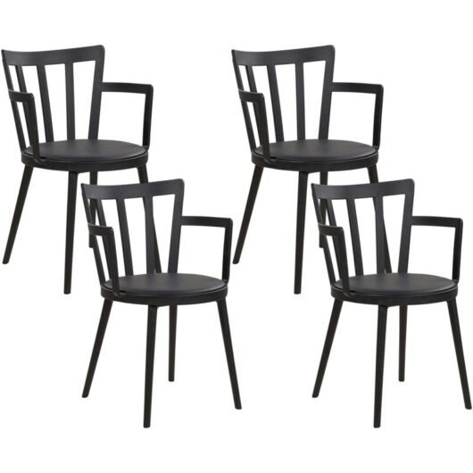Modern Minimalist Living Room Set of 4 Dining Chairs Black Synthetic Padded Faux Leather Seat with Armrests Morill
