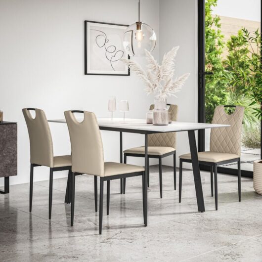 More4homes - Haydon Extending Dining Table + Chairs- White Marble Effect Table Top w Black Legs + Monza Faux Leather Dining Chair Set Of 4 (Beige)