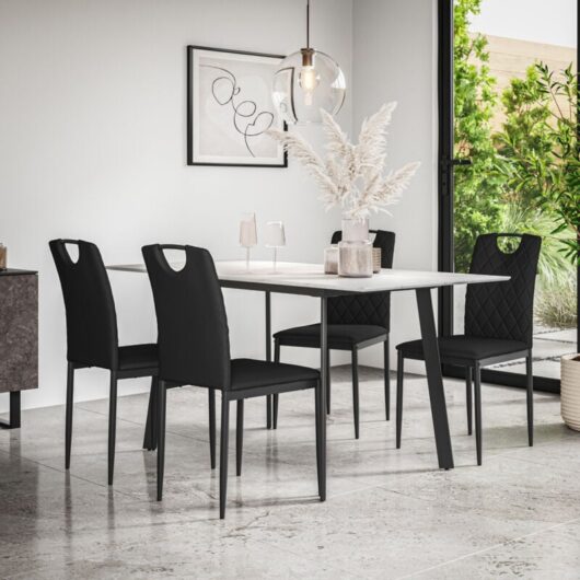 More4homes - Haydon Extending Dining Table + Chairs- White Marble Effect Table Top w Black Legs + Monza Faux Leather Dining Chair Set Of 4 (Black)