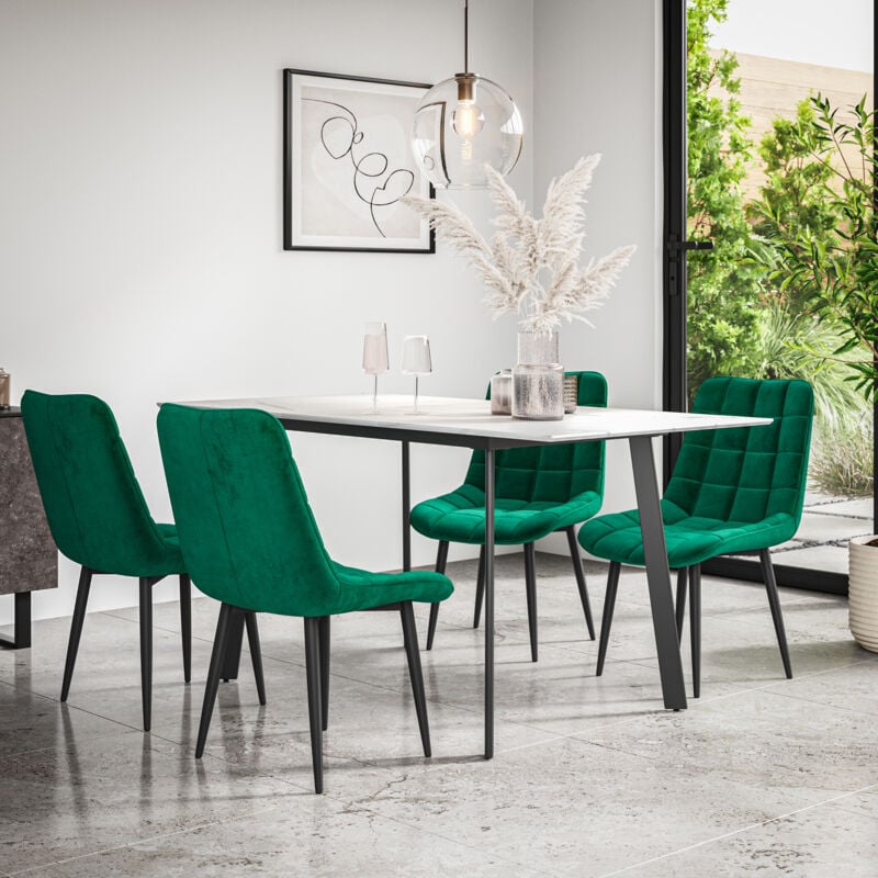 More4homes - Haydon Extending Dining Table + Chairs- White Marble Effect Table Top w Black Legs + Nova Velvet Dining Chair Set Of 4 (Green)