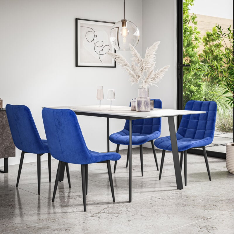 More4homes - Haydon Extending Dining Table + Chairs- White Marble Effect Table Top w Black Legs + Nova Velvet Dining Chair Set Of 6 (Blue)