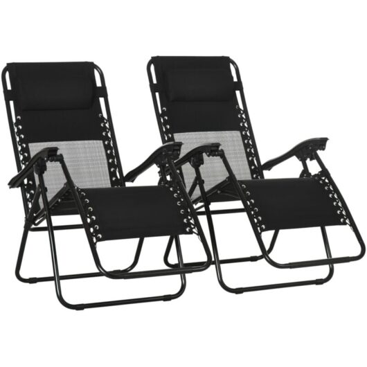 Outsunny - Foldable Garden Recliner Chair Set of 2 w/ Footstool & Headrest Black