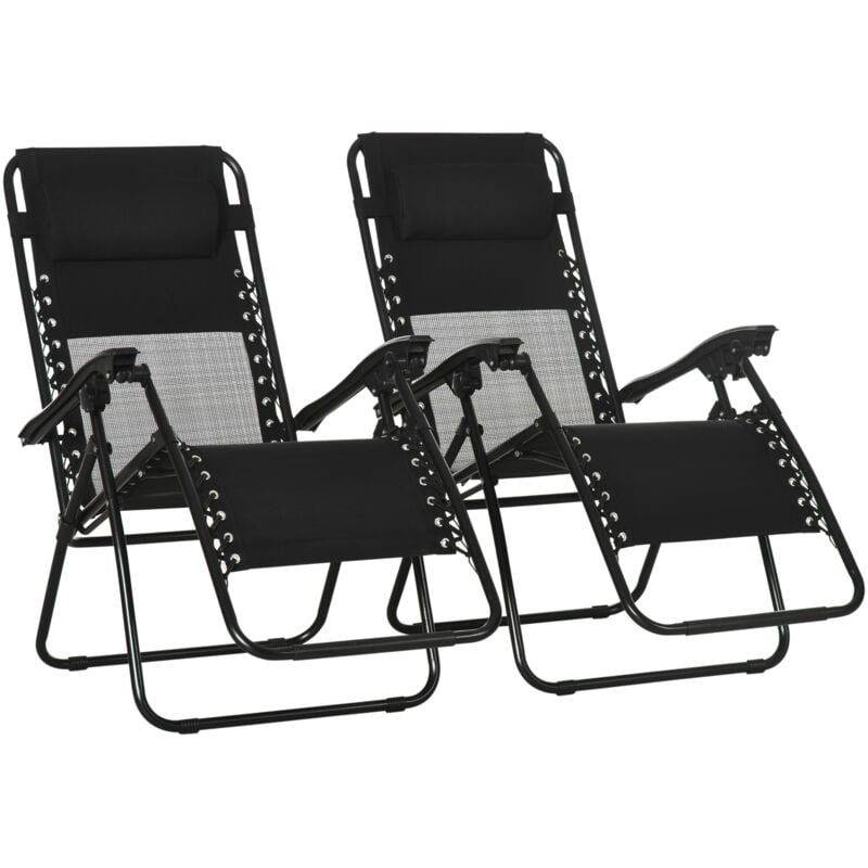 Outsunny - Foldable Garden Recliner Chair Set of 2 w/ Footstool & Headrest Black