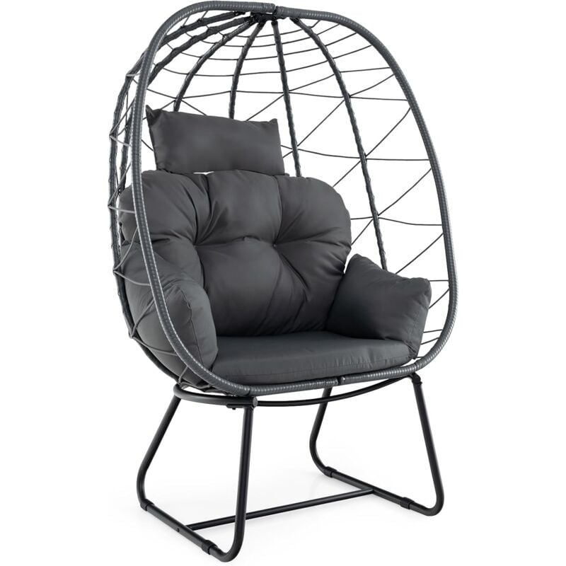 PE Wicker Egg Chair Indoor Outdoor Lounge Chair w/Comfy Cushions & Sturdy Metal Frame
