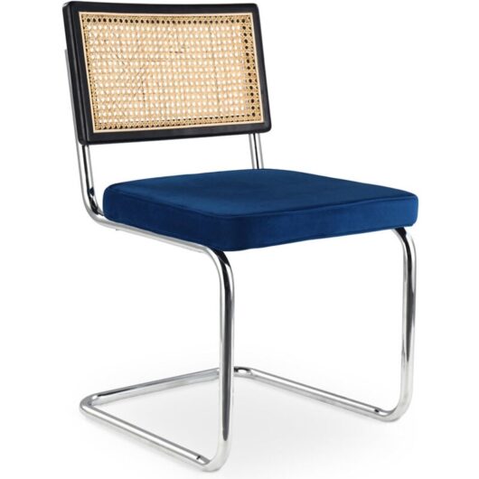 Privatefloor - Dining Chair - Upholstered in Velvet - Wood and Rattan - Hyre Dark blue