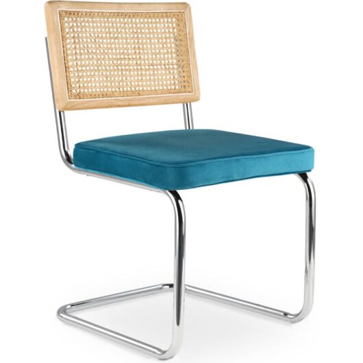 Privatefloor - Dining Chair - Upholstered in Velvet - Wood and Rattan - Martha Turquoise