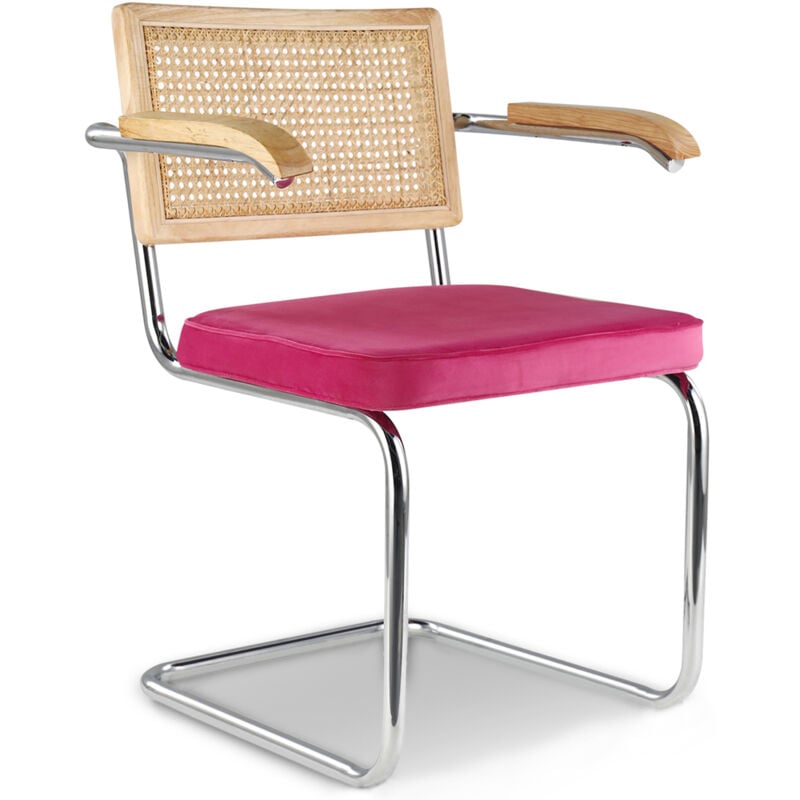 Privatefloor - Dining Chair with Armrests - Velvet Upholstery - Wood & Rattan - Martha Fuchsia