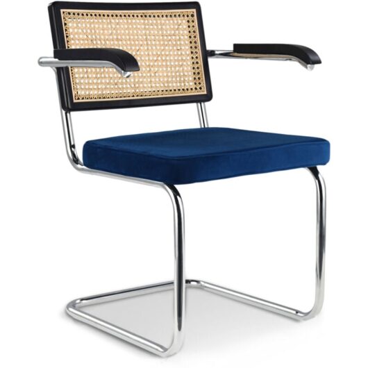Privatefloor - Wooden Dining Chair with Armrests - Velvet Upholstery - Wood & Rattan - Hyre Dark blue