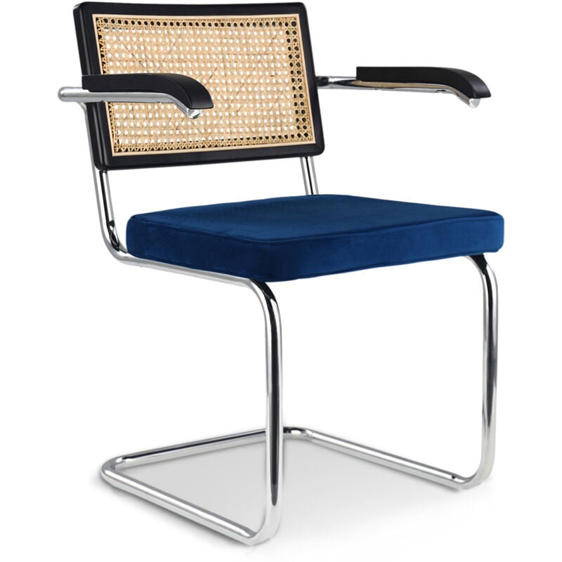 Privatefloor - Wooden Dining Chair with Armrests - Velvet Upholstery - Wood & Rattan - Hyre Dark blue