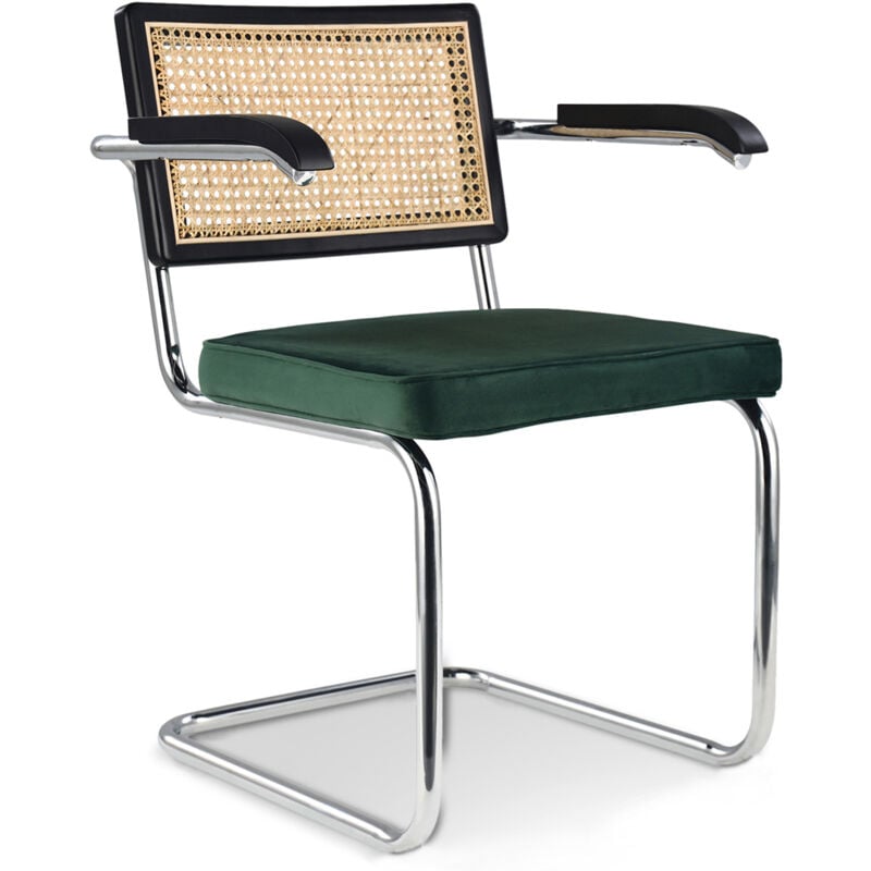 Privatefloor - Wooden Dining Chair with Armrests - Velvet Upholstery - Wood & Rattan - Hyre Dark green
