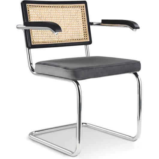Privatefloor - Wooden Dining Chair with Armrests - Velvet Upholstery - Wood & Rattan - Hyre Dark grey