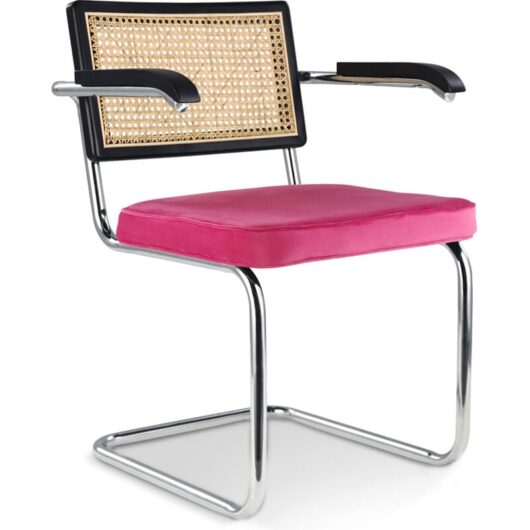 Privatefloor - Wooden Dining Chair with Armrests - Velvet Upholstery - Wood & Rattan - Hyre Fuchsia