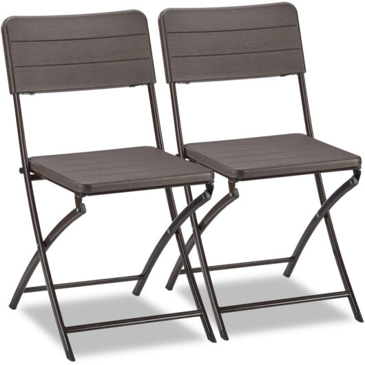 Relaxdays Garden Chairs Set of 2, Woodgrain Look, Weatherproof & Sturdy, Plastic Metal Frame, Foldable, Balcony, Brown