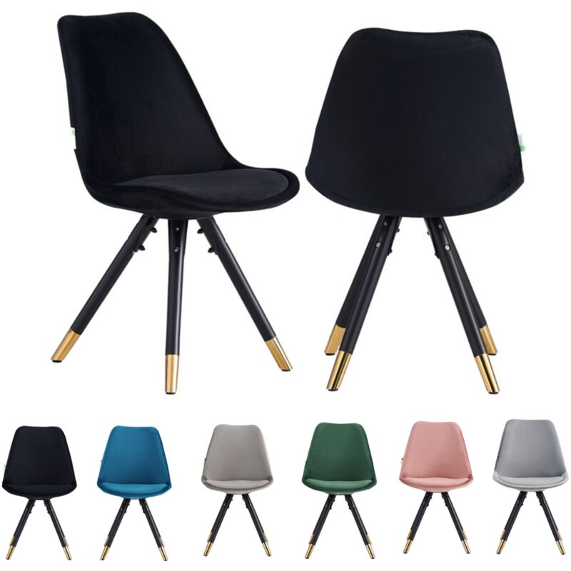 Set of 2 Black Sofia Ergonomic Modern Dining Chairs Upholstered in Velvet, Metal Legs with Gold End Tips