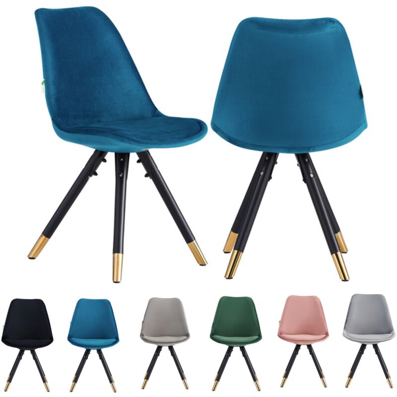 Set of 2 Blue Sofia Ergonomic Modern Dining Chairs Upholstered in Velvet, Metal Legs with Gold End Tips