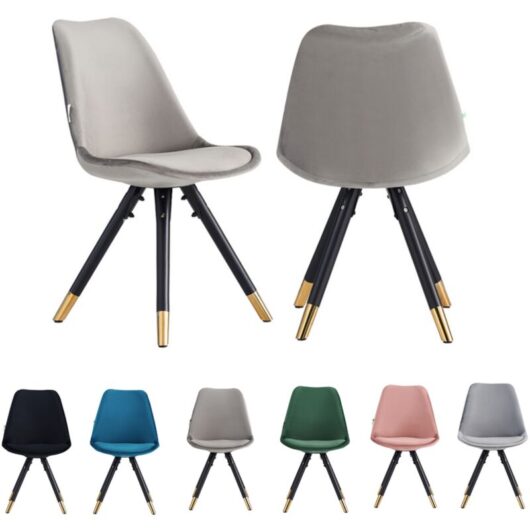 Set of 2 Dark Grey Sofia Ergonomic Modern Dining Chairs Upholstered in Velvet, Metal Legs with Gold End Tips