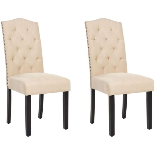Set of 2 Dining Chairs Vintage Beige Upholstered Nailhead Trim Tufted Shirley