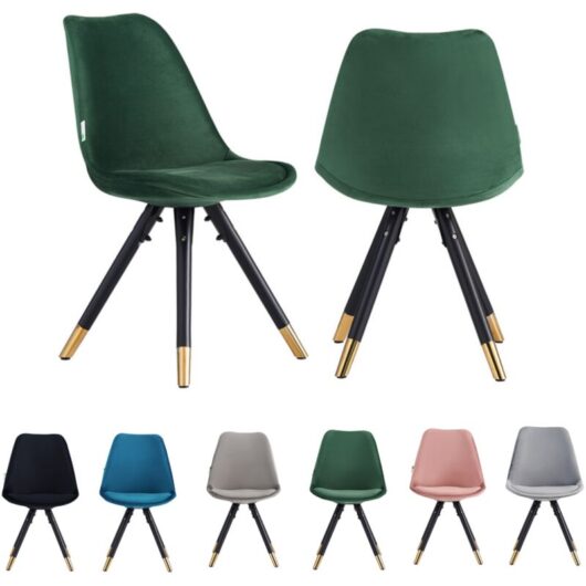 Set of 2 Green Sofia Ergonomic Modern Dining Chairs Upholstered in Velvet, Metal Legs with Gold End Tips