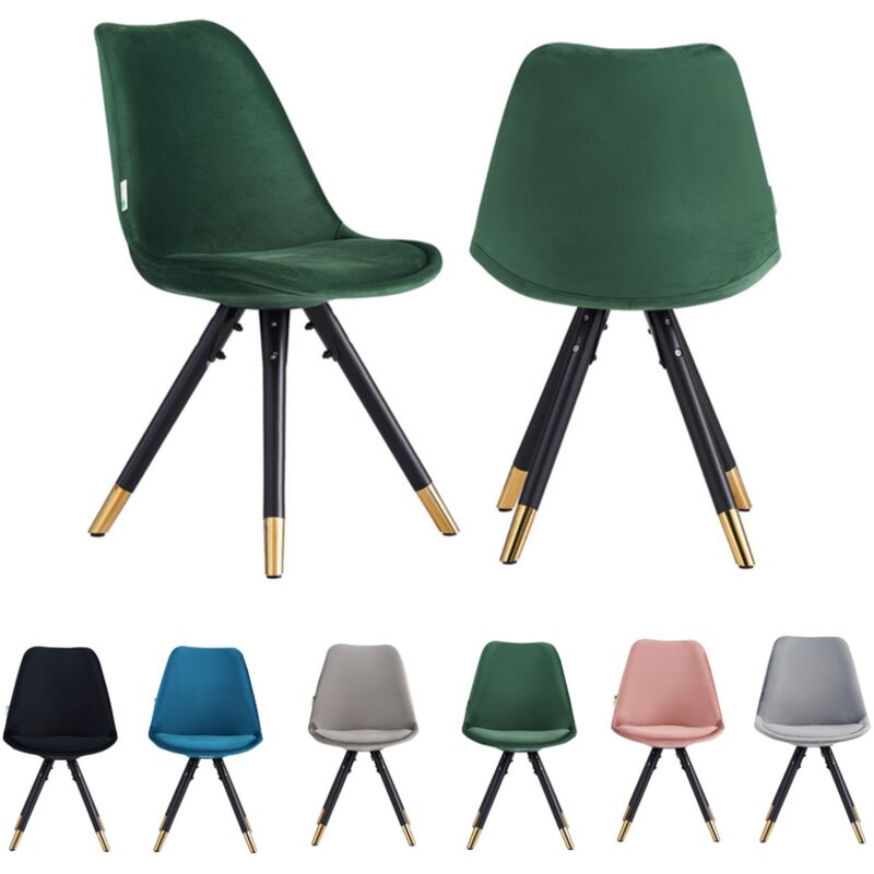 Set of 2 Green Sofia Ergonomic Modern Dining Chairs Upholstered in Velvet, Metal Legs with Gold End Tips