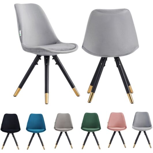 Set of 2 Light Grey Sofia Ergonomic Modern Dining Chairs Upholstered in Velvet, Metal Legs with Gold End Tips