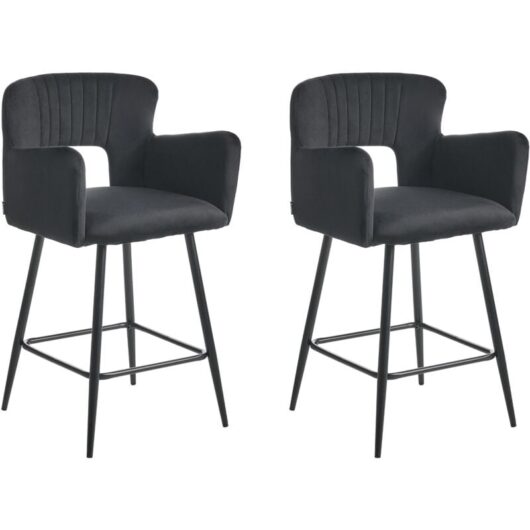 Set of 2 Modern Bar Chairs Velvet Seat with Armrests Tufted Back Black Sanilac