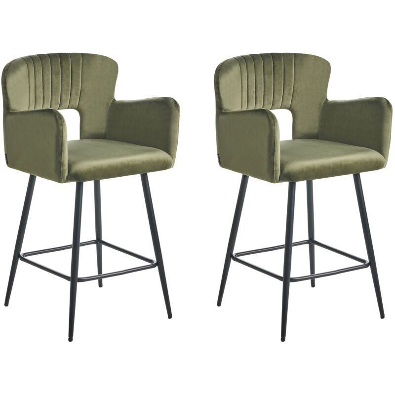 Set of 2 Modern Bar Chairs Velvet Seat with Armrests Tufted Back Olive Green Sanilac