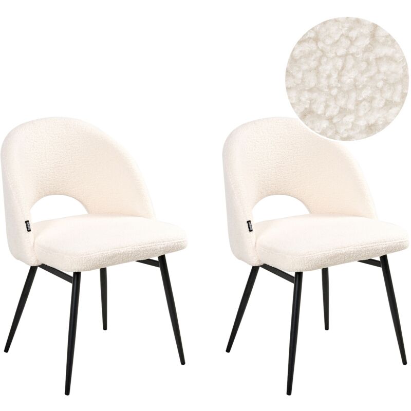 Set of 2 Modern Dining Chairs Boucle Fabric Upholstery Cut-Out Backrest Seat Living Room Dining White Onaga II