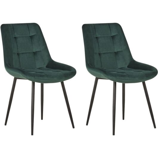 Set of 2 Modern Velvet Dining Chairs Powder Coated Iron Black Legs Dark Green Melrose
