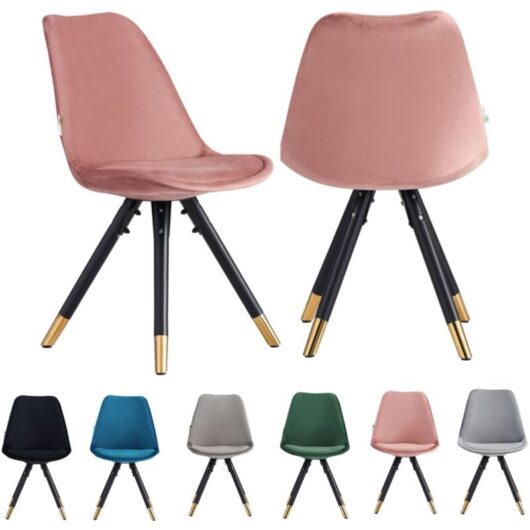 Set of 2 Pink Sofia Ergonomic Modern Dining Chairs Upholstered in Velvet, Metal Legs with Gold End Tips