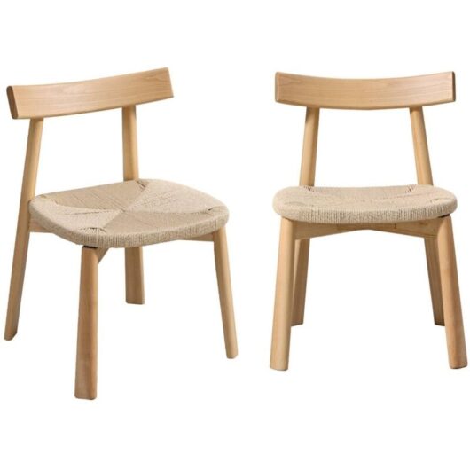 Set of 2 Scandinavian chairs in natural rubberwood with beige rope seat, Tilda 53x55x79 cm