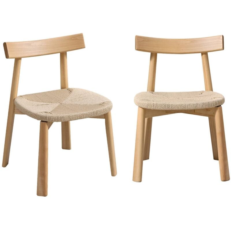 Set of 2 Scandinavian chairs in natural rubberwood with beige rope seat, Tilda 53x55x79 cm