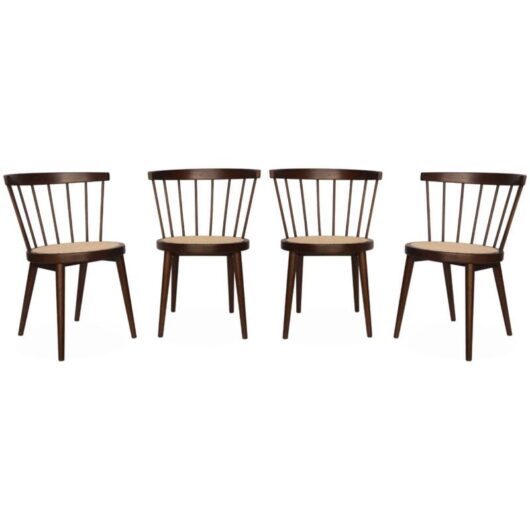 Set of 4 wooden and caned chairs, Nora, Dark wood colour, 53x53.5x76 cm
