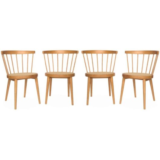 Set of 4 wooden and caned chairs, Nora, Natural, 53x53.5x76 cm