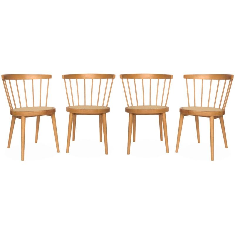 Set of 4 wooden and caned chairs, Nora, Natural, 53x53.5x76 cm
