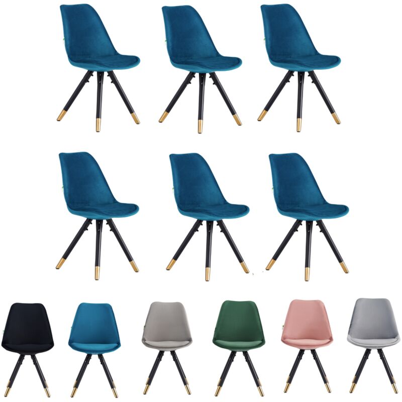 Set of 6 Blue Sofia Ergonomic Modern Dining Chairs Upholstered in Velvet, Metal Legs with Gold End Tips