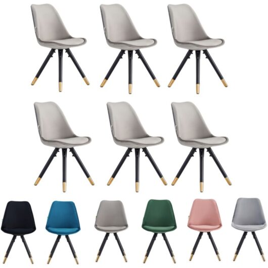 Set of 6 Dark Grey Sofia Ergonomic Modern Dining Chairs Upholstered in Velvet, Metal Legs with Gold End Tips