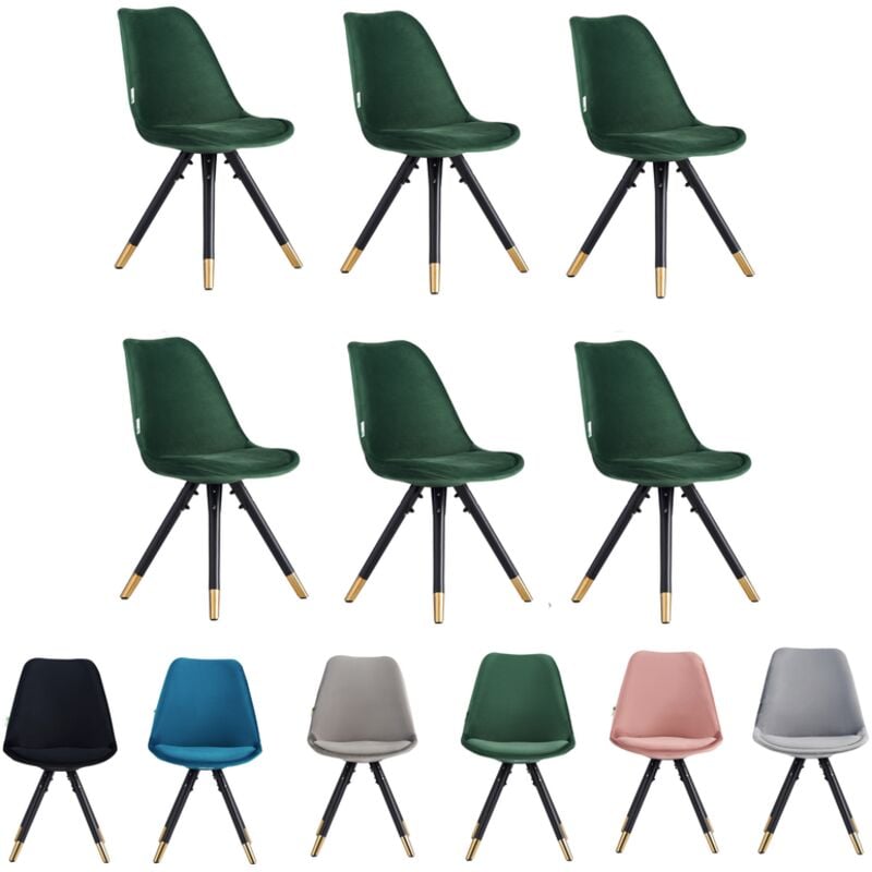 Set of 6 Green Sofia Ergonomic Modern Dining Chairs Upholstered in Velvet, Metal Legs with Gold End Tips
