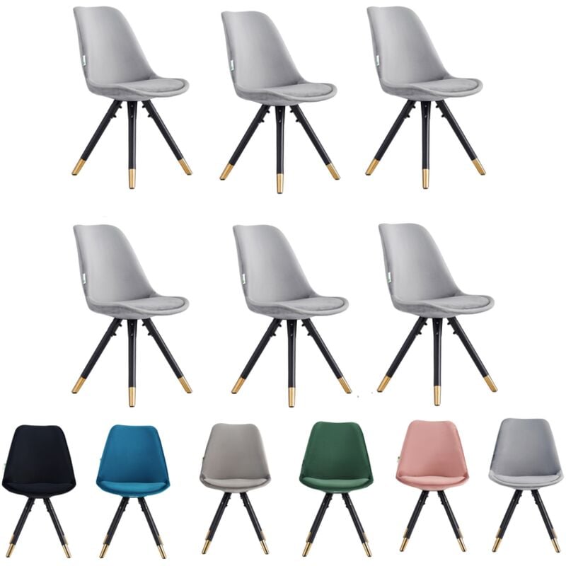 Set of 6 Light Grey Sofia Ergonomic Modern Dining Chairs Upholstered in Velvet, Metal Legs with Gold End Tips