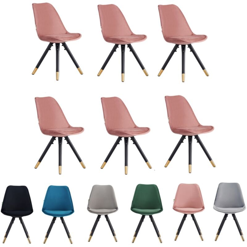Set of 6 Pink Sofia Ergonomic Modern Dining Chairs Upholstered in Velvet, Metal Legs with Gold End Tips