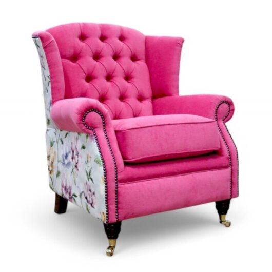 Sherlock Buttoned Wing Chair Fireside High Back Armchair Pimlico Fuchsia Pink & Gardena Aubergine