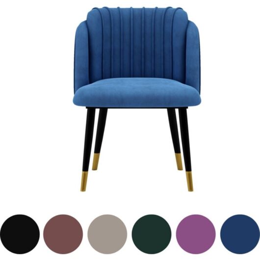 Single Milano Velvet Dining Chair - Metal Legs W/ Gold End Caps - Dining Room Chair - Upholstered Chair - Modern Dining Chair w/ Arms - Blue