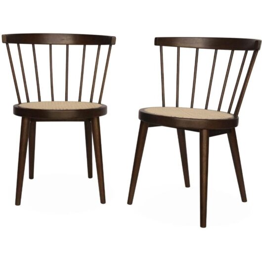 Sweeek - Pair of wood and cane dining chairs, Nora, Dark wood colour, 54x54x76.5 cm