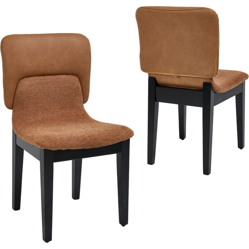 WAHSON Dining Chairs 2Pcs in PU Leather Chenille Patchwork Chairs Retro Kitchen Chairs with Wood Legs for Living Room Restaurant, Brown